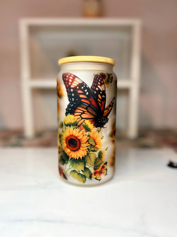 Sunflowers and butterfly 16 oz Glass Tumbler