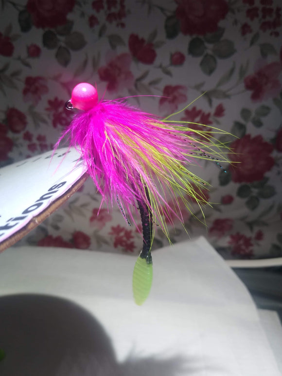 Cerise Head/ Cerise Pink Green Worm Steelhead Jigs